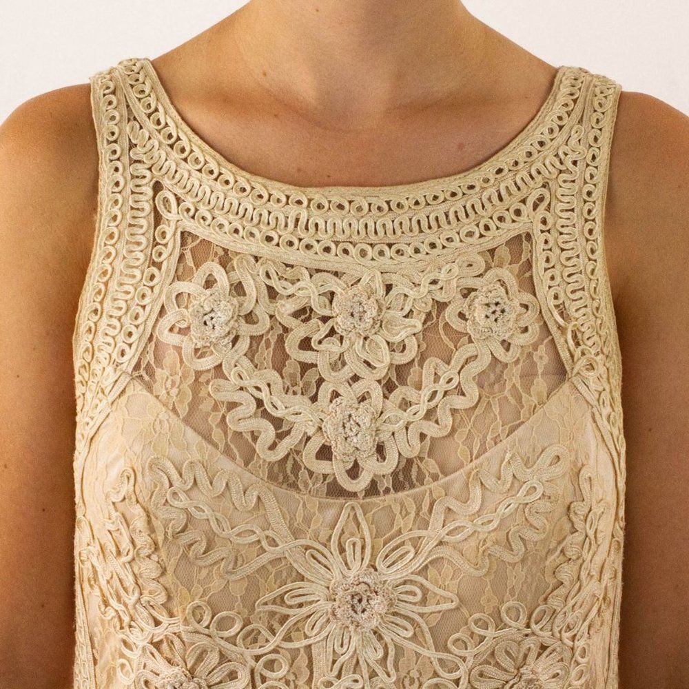 SUE WONG Tan Scrolled Sleeveless Dress with Flower Detailing - Picture 4 of 5